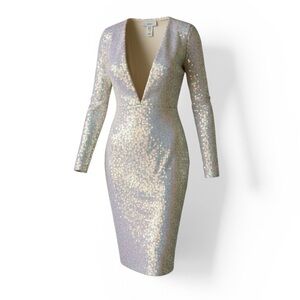 CODIGO Sequin Midi Dress Deep V-Neck Silver Small Silver Iridescent Mermaid
